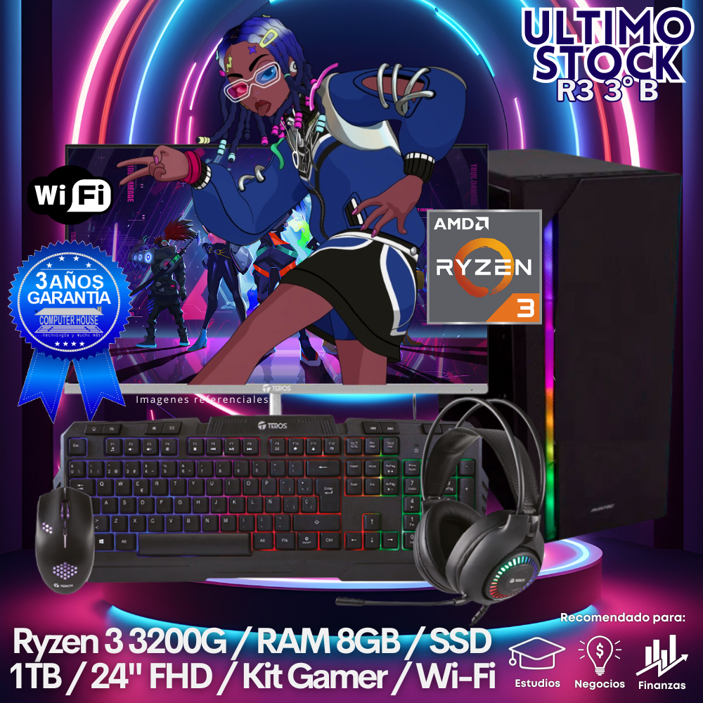 Ultimo Stock: Look Gamer Ryzen 3-3200G "B", RAM 8GB, SSD 1TB, Wi-Fi, Monitor 24″ FHD, Kit Gamer.