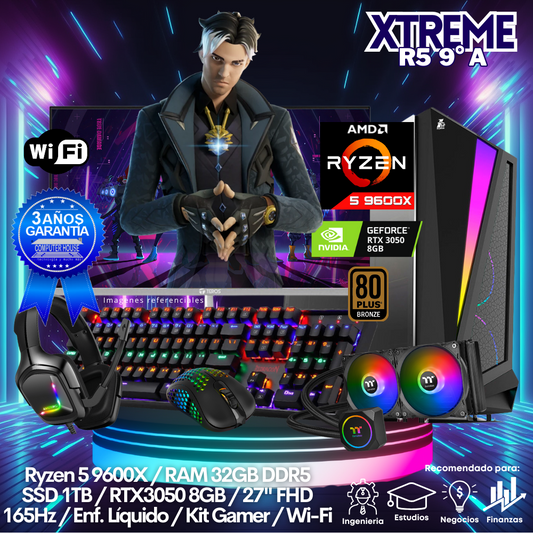 XTREME Ryzen 5-9600X "A", RAM 32GB DDR5, SSD 1TB, Video RTX3050 8GB, Wi-Fi, Enfriamiento Líquido, Monitor 27″ FHD 165Hz, Kit Gamer.