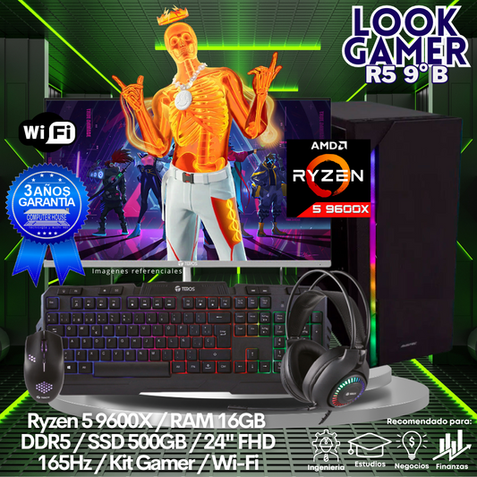 LOOK GAMER Ryzen 5-9600X "B", RAM 16GB DDR5, SSD 500GB, Wi-Fi, Enfriamiento Líquido, Monitor 24″ FHD 165Hz, Kit Gamer.