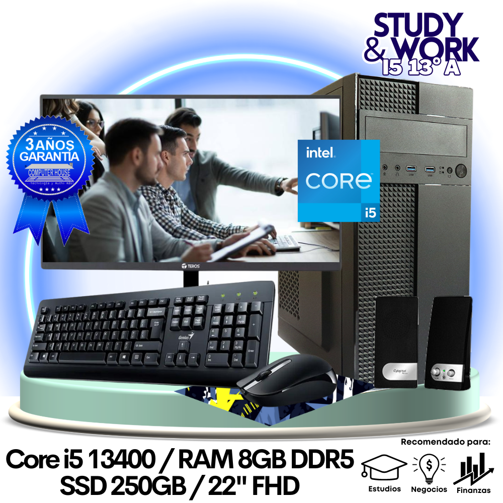 Desktop Core i5-13400 "A", RAM 8GB DDR5, SSD 250GB, Monitor 22″ FHD, Teclado + Mouse + Parlantes o Audífono.
