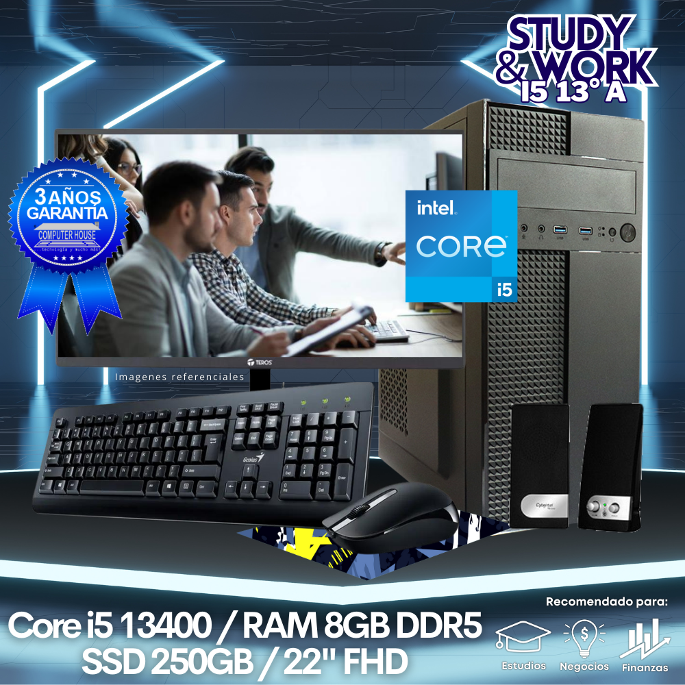 Desktop Core i5-13400 "A", RAM 8GB DDR5, SSD 250GB, Monitor 22″ FHD, Kit Teclado + Mouse, Parlantes o Audífono.