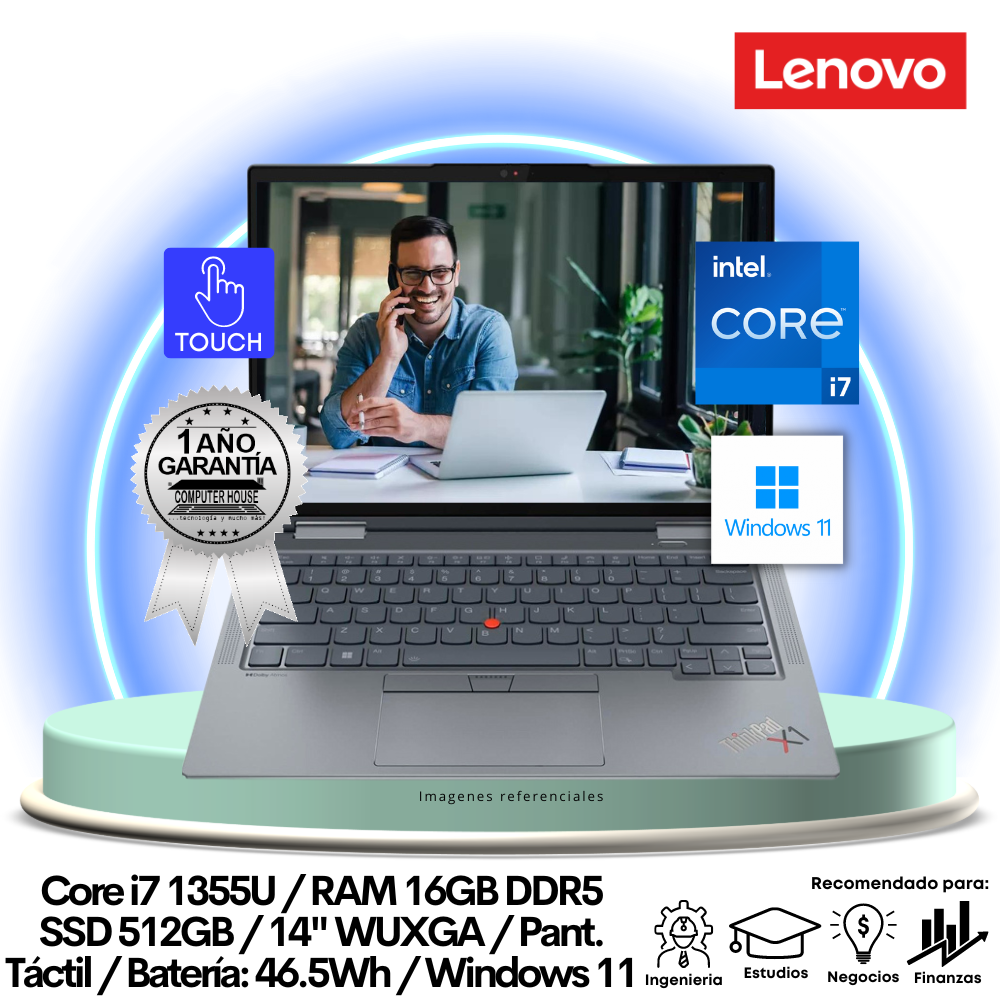 Laptop LENOVO ThinkPad X1 Yoga, Core i7-1355U, RAM 16GB DDR5, SSD 512GB, 14" WUXGA, Pantalla Táctil, Windows 11.