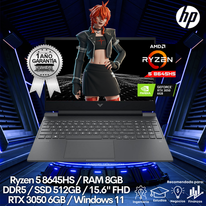 Laptop HP Victus 15-fb2002la, Ryzen 5-8645HS, RAM 8GB DDR5, SSD 512GB, 15.6" FHD, RTX3050 6GB, Windows 11.