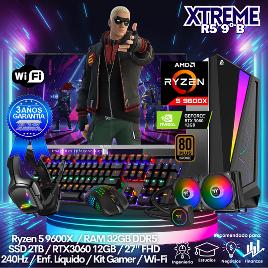 XTREME Ryzen 5-9600X "B", RAM 32GB DDR5, SSD 2TB, Video RTX3060 12GB, Wi-Fi, Enfriamiento Líquido, Monitor 27″ FHD 240Hz, Kit Gamer.