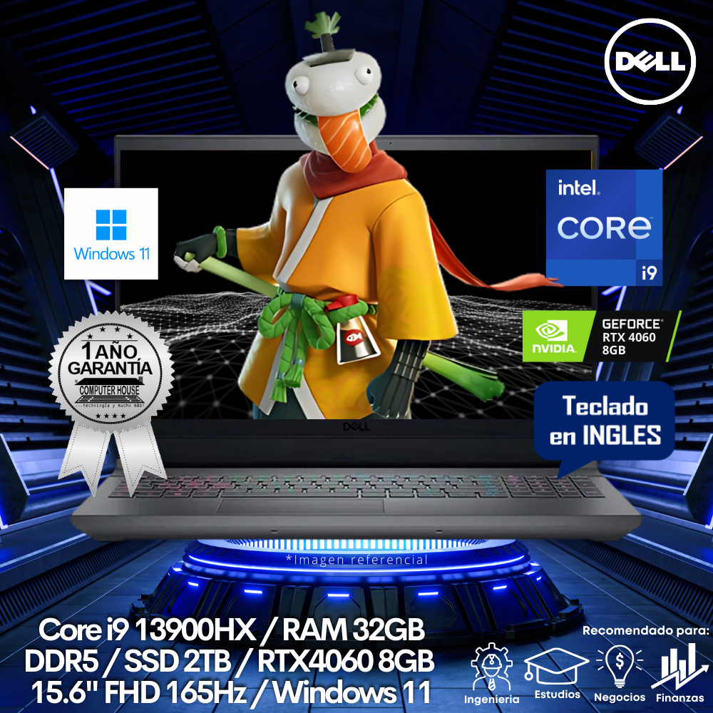 Laptop DELL G5530, Core i9-13900HX, RAM 32GB DDR5, SSD 2TB, Video RTX4060 8GB, 15.6" FHD 165Hz, Teclado en Inglés, Windows 11.