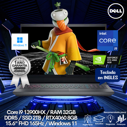 Laptop DELL G5530, Core i9-13900HX, RAM 32GB DDR5, SSD 2TB, Video RTX4060 8GB, 15.6" FHD 165Hz, Teclado en Inglés, Windows 11.