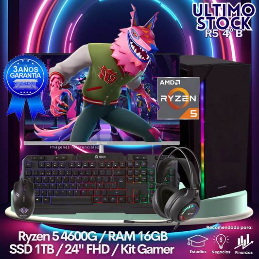 Ultimo Stock: Look Gamer Ryzen 5-4600G "B", RAM 16GB, SSD 1TB, Monitor 24″ FHD, Kit Gamer.