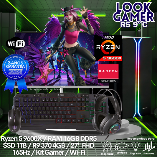 LOOK GAMER Ryzen 5-9600X "C", RAM 16GB DDR5, SSD 1TB, Video R9 370 4GB, Wi-Fi, Enfriamiento Líquido, Monitor 27″ FHD 165Hz, Kit Gamer.