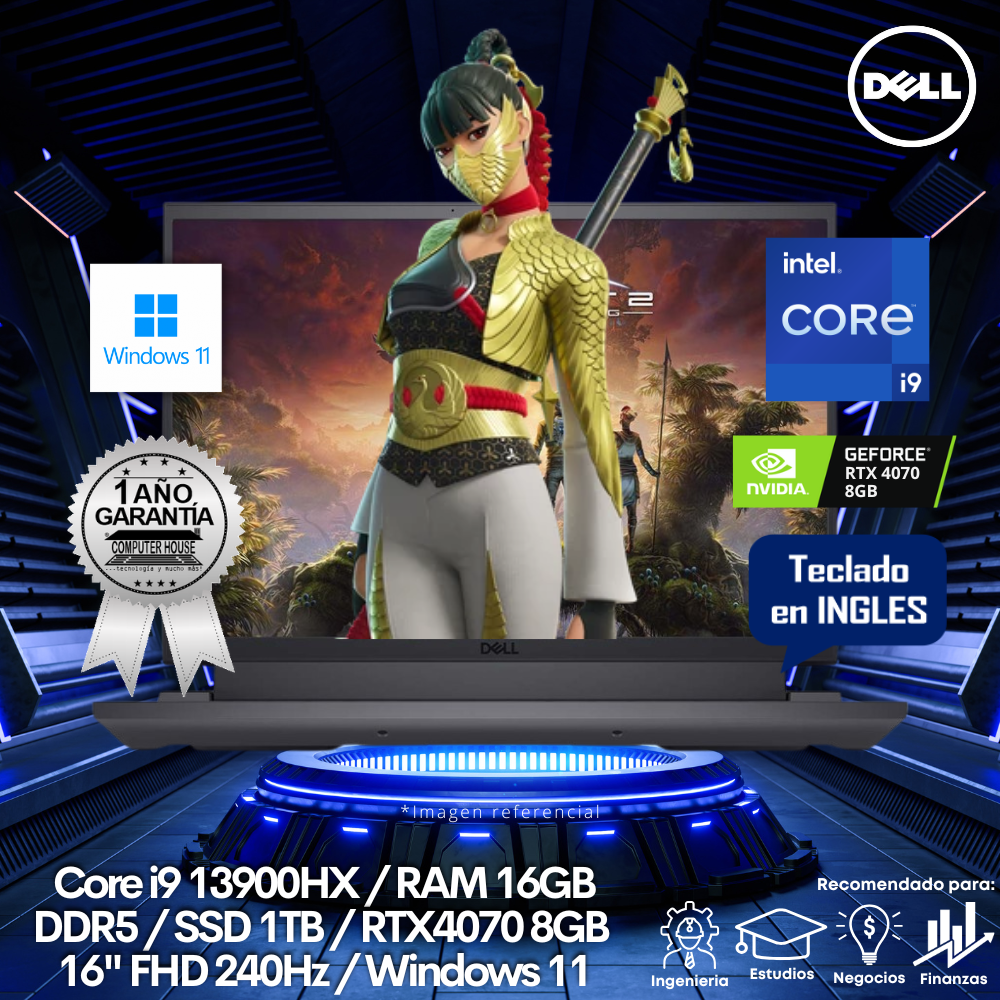 Laptop DELL G7630, Core i9-13900HX, RAM 16GB DDR5, SSD 1TB, Video RTX4070 8GB, 16" FHD 240Hz, Teclado en Inglés, Windows 11.