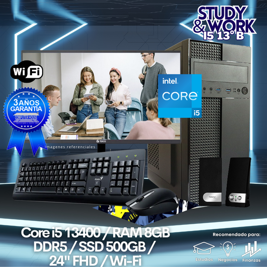 Desktop Core i5-13400 "B", RAM 8GB DDR5, SSD 500GB, Wi-Fi, Monitor 24″ FHD, Kit Teclado + Mouse, Parlantes o Audífono.