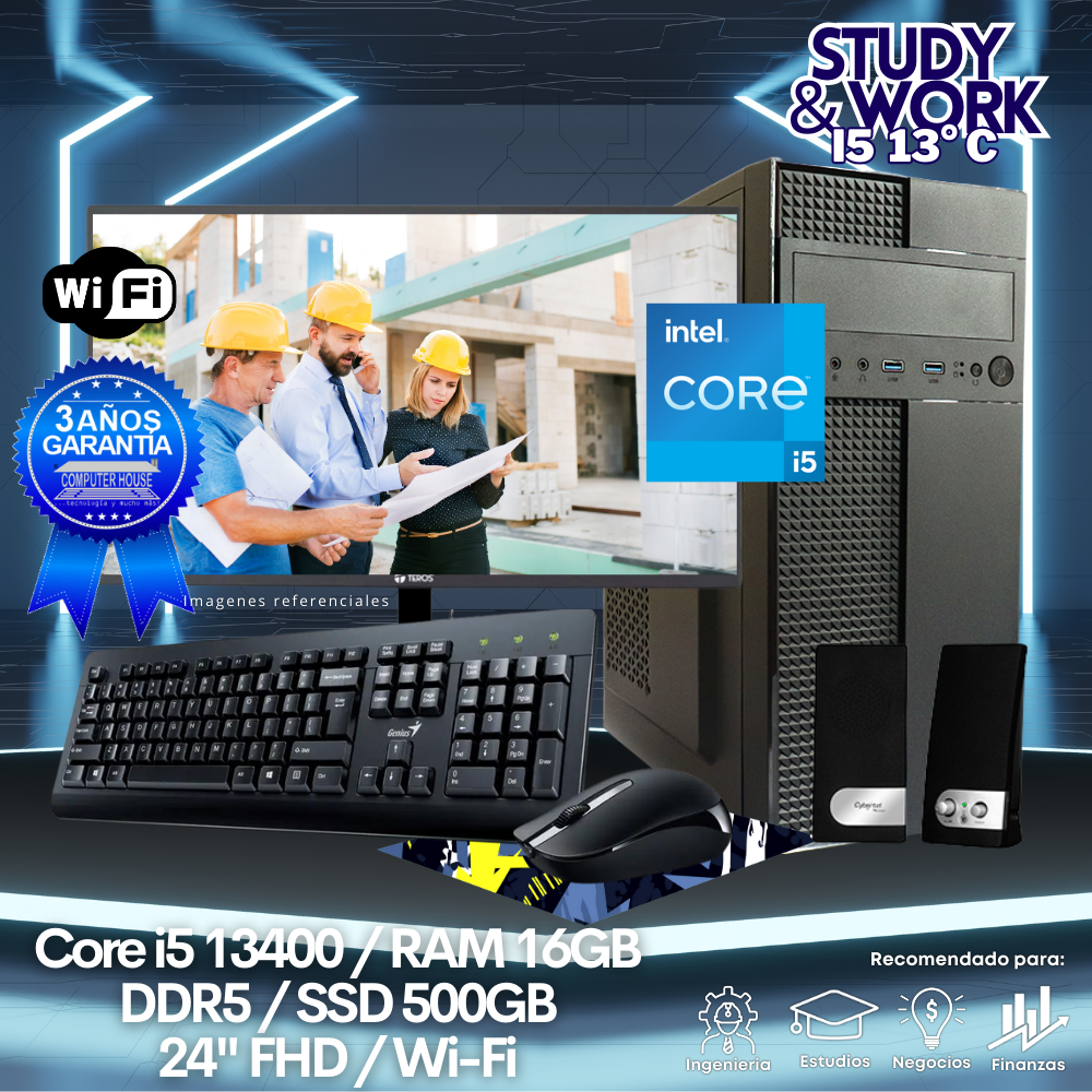 Desktop Core i5-13400 "C", RAM 16GB DDR5, SSD 500GB, Wi-Fi, Monitor 24″ FHD, Kit Teclado + Mouse, Parlantes o Audífono.