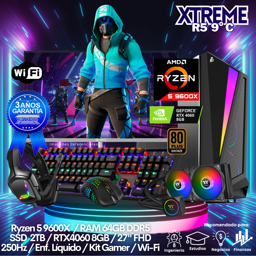 XTREME Ryzen 5-9600X "C", RAM 64GB DDR5, SSD 2TB, Video RTX4060 8GB, Wi-Fi, Enfriamiento Líquido, Monitor 27″ FHD 165Hz, Kit Gamer.