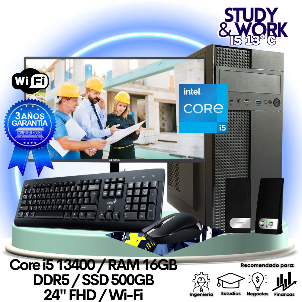 Desktop Core i5-13400 "C", RAM 16GB DDR5, SSD 500GB, Wi-Fi, Monitor 24″ FHD, Teclado + Mouse + Parlantes o Audífono.