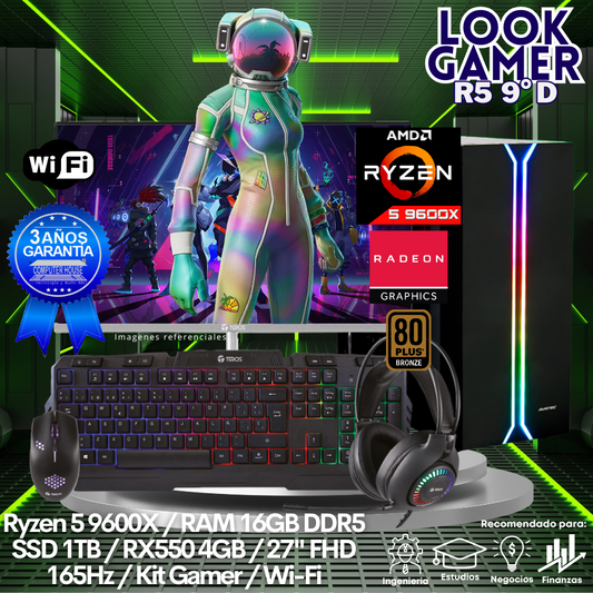 LOOK GAMER Ryzen 5-9600X "D", RAM 16GB DDR5, SSD 1TB, Video RX550 4GB, Wi-Fi, Enfriamiento Líquido, Monitor 27″ FHD 165Hz, Kit Gamer.