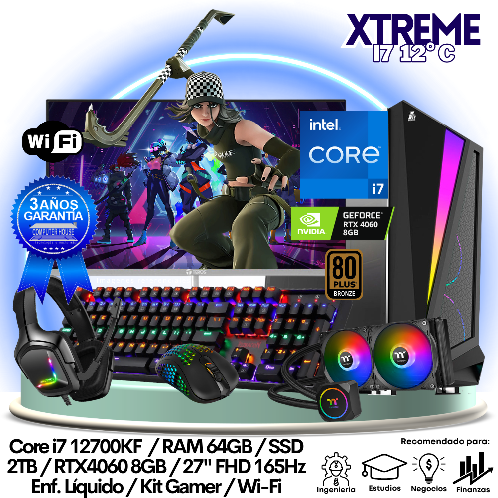 XTREME Core i7-12700KF "C", RAM 64GB, SSD 2TB, Video RTX4060 8GB, Wi-Fi, Enfriamiento Líquido, Monitor 27″ FHD 165Hz + Kit Gamer.
