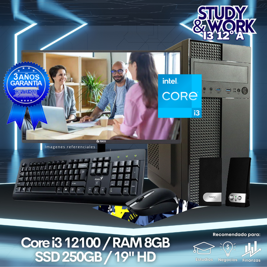 Desktop Core i3-12100 "A", RAM 8GB, SSD 250GB, Monitor 22″ FHD, Kit Teclado + Mouse, Parlantes o Audífono.