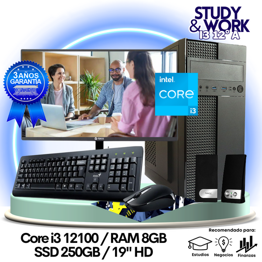Desktop Core i3-12100 "A", RAM 8GB, SSD 250GB, Monitor 19″ HD, Teclado + Mouse + Parlantes o Audífono.