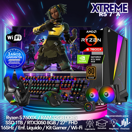 XTREME Ryzen 5-7600X "A", RAM 32GB DDR5, SSD 1TB, Video RTX3050 8GB, Wi-Fi, Enfriamiento Líquido, Monitor 27″ FHD 165Hz, Kit Gamer.