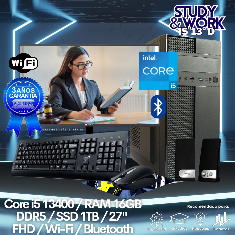 Desktop Core i5-13400 "D", RAM 16GB DDR5, SSD 1TB, Wi-Fi, Bluetooth, Monitor 27″ FHD, Kit Teclado + Mouse, Parlantes o Audífono.