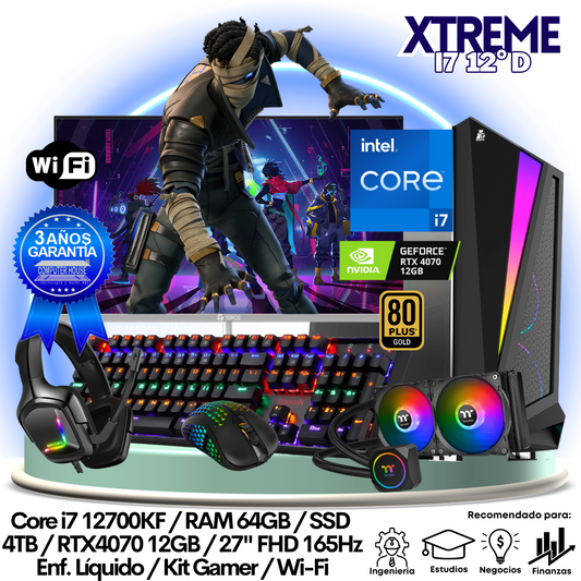 XTREME Core i7-12700KF "D", RAM 64GB, SSD 4TB, Video RTX4070 12GB, Wi-Fi, Enfriamiento Líquido, Monitor 27″ FHD 165Hz, Kit Gamer.