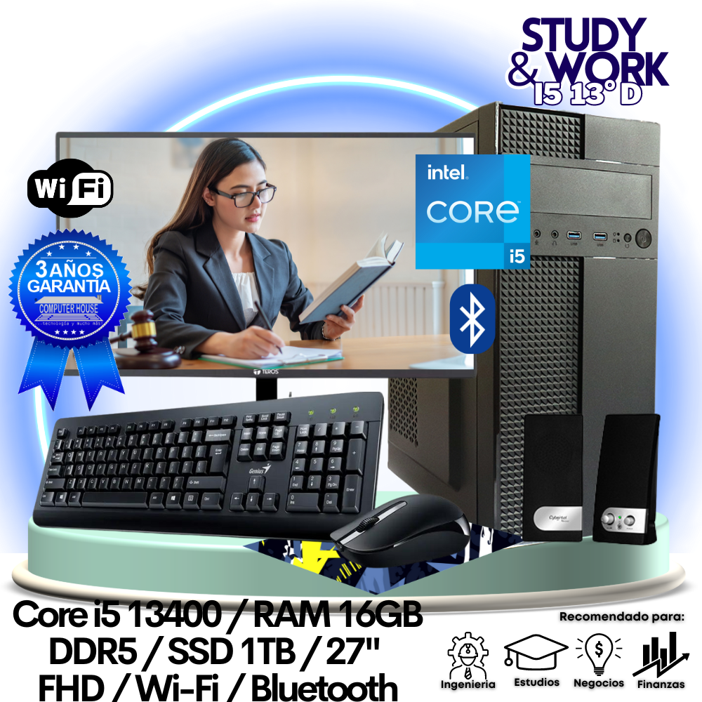 Desktop Core i5-13400 "D", RAM 16GB DDR5, SSD 1TB, Wi-Fi, Bluetooth, Monitor 27″ FHD, Teclado + Mouse + Parlantes o Audífono.