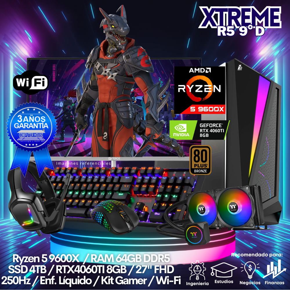 XTREME Ryzen 5-9600X "D", RAM 64GB DDR5, SSD 4TB, Video RTX4060TI 8GB, Wi-Fi, Enfriamiento Líquido, Monitor 27″ FHD 250Hz, Kit Gamer.