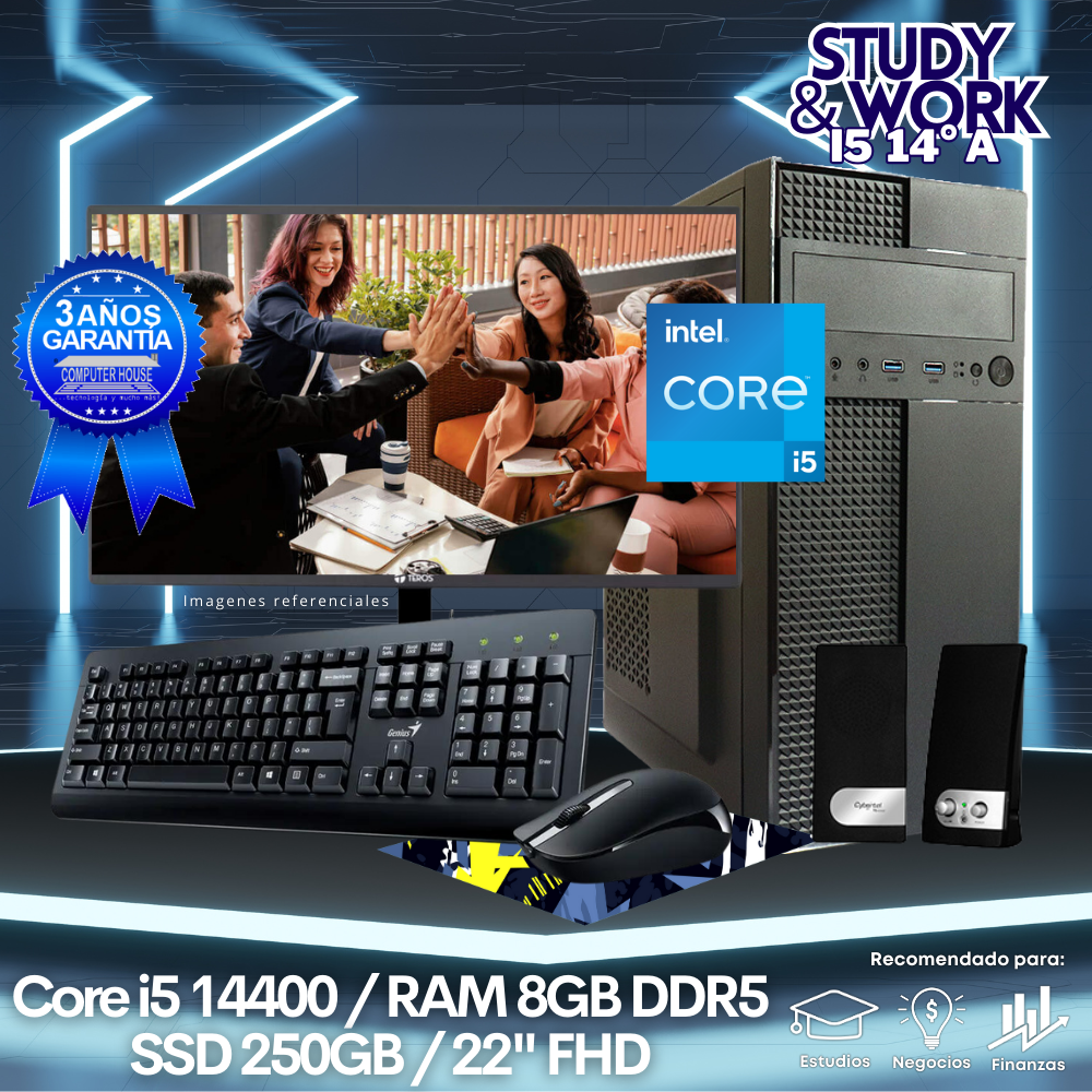 Desktop Core i5-14400 "A", RAM 8GB DDR5, SSD 250GB, Monitor 22″ FHD, Kit Teclado + Mouse, Parlantes o Audífono.