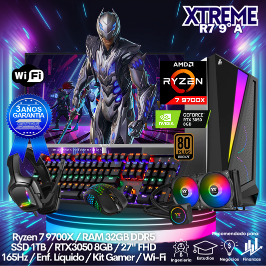 XTREME Ryzen 7-9700X "A", RAM 32GB DDR5, SSD 1TB, Video RTX3050 8GB, Wi-Fi, Enfriamiento Líquido, Monitor 27″ FHD 165Hz, Kit Gamer.