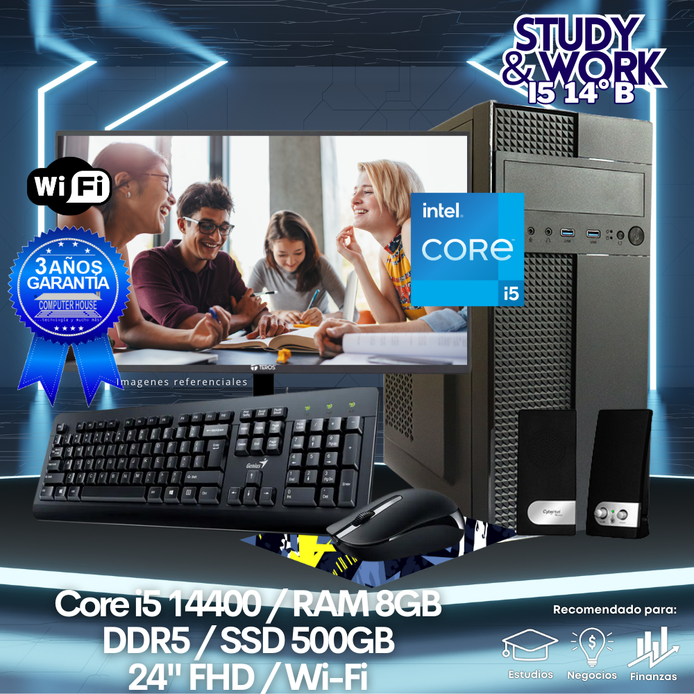 Desktop Core i5-14400 "B", RAM 8GB DDR5, SSD 500GB, Wi-Fi, Monitor 24″ FHD, Kit Teclado + Mouse, Parlantes o Audífono.