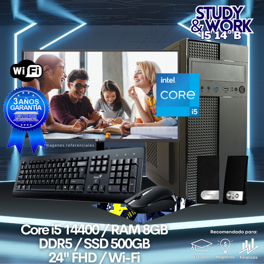 Desktop Core i5-14400 "B", RAM 8GB DDR5, SSD 500GB, Wi-Fi, Monitor 24″ FHD, Kit Teclado + Mouse, Parlantes o Audífono.