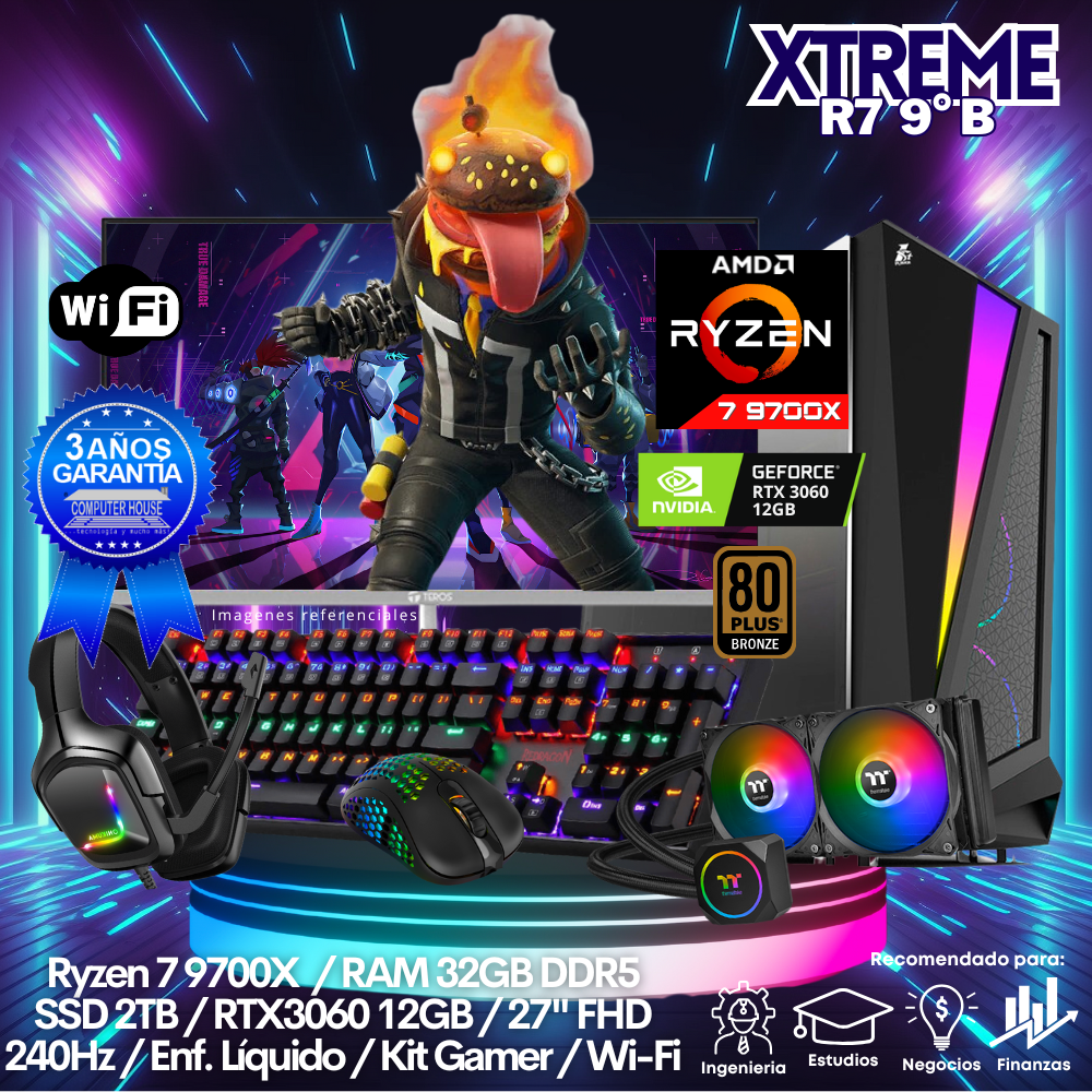 XTREME Ryzen 7-9700X "B", RAM 32GB DDR5, SSD 2TB, Video RTX3060 12GB, Wi-Fi, Enfriamiento Líquido, Monitor 27″ FHD 240Hz, Kit Gamer.