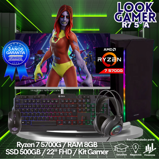 LOOK GAMER Ryzen 7-5700G "A", RAM 8GB, SSD 500GB, Monitor 22″ FHD, Kit Gamer.