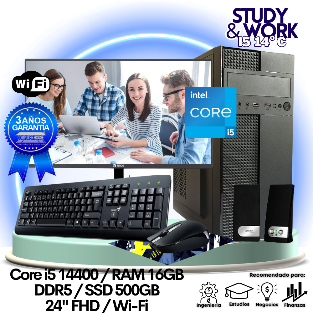 Desktop Core i5-14400 "C", RAM 16GB DDR5, SSD 500GB, Wi-Fi, Monitor 24″ FHD, Teclado + Mouse + Parlantes o Audífono.