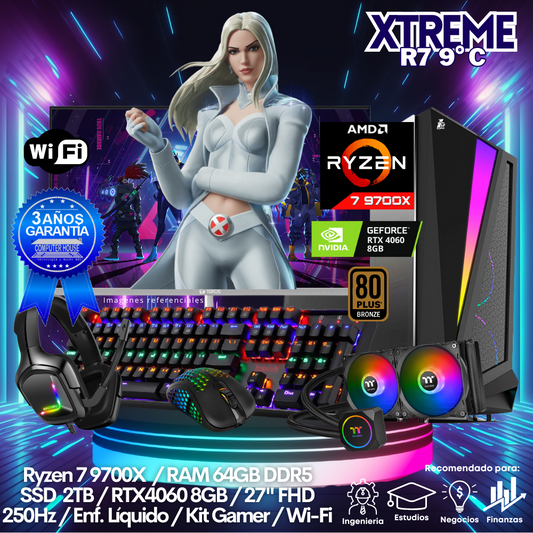 XTREME Ryzen 7-9700X "C", RAM 64GB DDR5, SSD 2TB, Video RTX4060 8GB, Wi-Fi, Enfriamiento Líquido, Monitor 27″ FHD 250Hz, Kit Gamer.