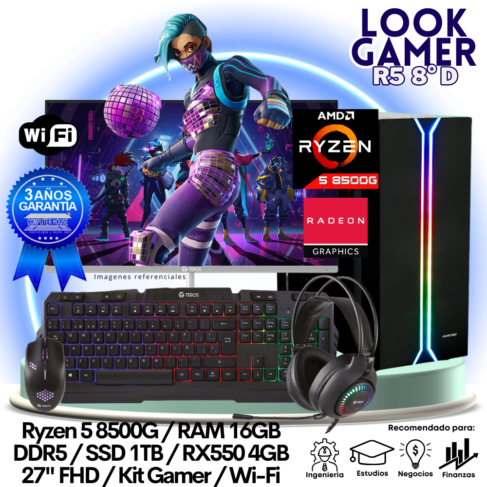 LOOK GAMER Ryzen 5-8500G "D", RAM 16GB DDR5, SSD 1TB, Video RX550 4GB, Wi-Fi, Monitor 27″ FHD, Kit Gamer.