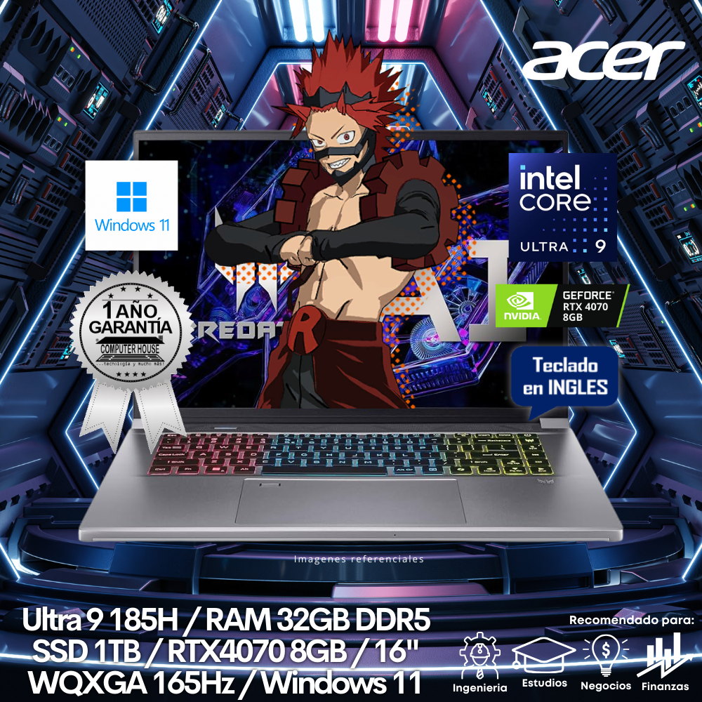 Laptop ACER Predator Triton 16, Core Ultra i9-185H, RAM 32GB DDR5, SSD 1TB, Video RTX4070 8GB, 16" WQXGA 165Hz, Windows 11.