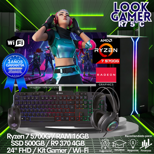 LOOK GAMER Ryzen 7-5700G "C", RAM 16GB, SSD 500GB, Video R9 370 4GB, Wi-Fi, Monitor 24″ FHD, Kit Gamer.