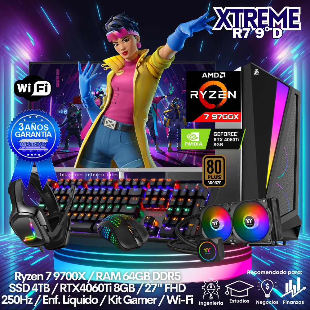 XTREME Ryzen 7-9700X "D", RAM 64GB DDR5, SSD 4TB, Video RTX4060TI 8GB, Wi-Fi, Enfriamiento Líquido, Monitor 27″ FHD 250Hz, Kit Gamer.