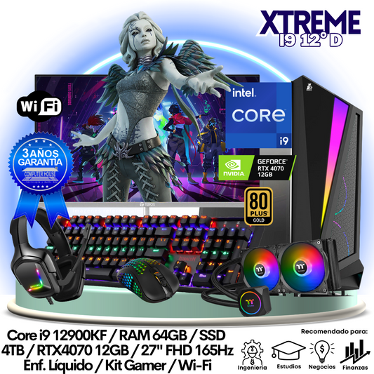 XTREME Core i9-12900KF "D", RAM 64GB, SSD 4TB, Video RTX4070 12GB, Wi-Fi, Enfriamiento Líquido, Monitor 27″ FHD 165Hz, Kit Gamer.