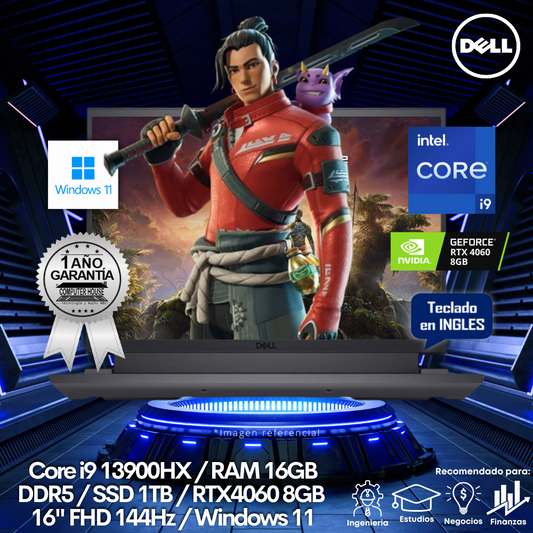 Laptop DELL G7630, Core i9-13900HX, RAM 16GB DDR5, SSD 1TB, Video RTX4060 8GB, 16" FHD 144Hz, Teclado en Inglés, Windows 11.