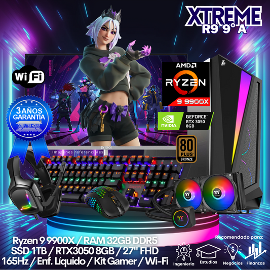 XTREME Ryzen 9-9900X "A", RAM 32GB DDR5, SSD 1TB, Video RTX3050 8GB, Wi-Fi, Enfriamiento Líquido, Monitor 27″ FHD 165Hz, Kit Gamer.