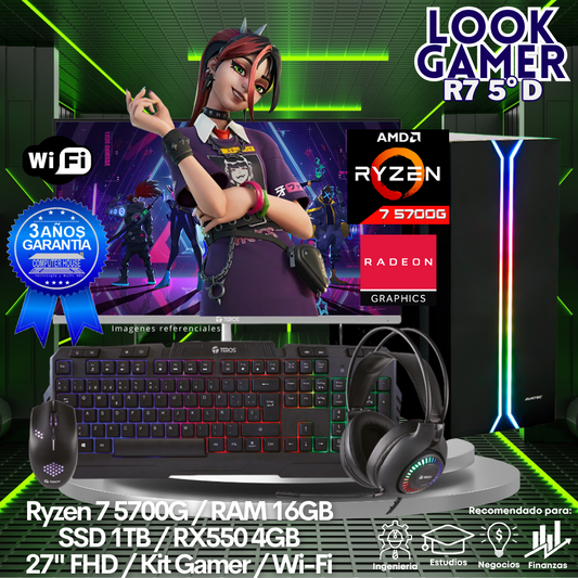 LOOK GAMER Ryzen 7-5700G "D", RAM 16GB, SSD 1TB, Video RX550 4GB, Wi-Fi, Monitor 27″ FHD, Kit Gamer.