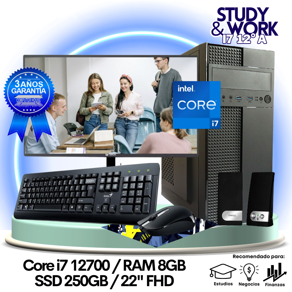 Desktop Core i7-12700 "A", RAM 8GB, SSD 250GB, Monitor 22″ FHD, Teclado + Mouse + Parlantes o Audífono.
