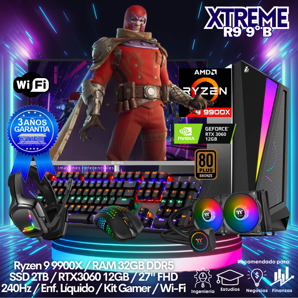 XTREME Ryzen 9-9900X "B", RAM 32GB DDR5, SSD 2TB, Video RTX3060 12GB, Wi-Fi, Enfriamiento Líquido, Monitor 27″ FHD 240Hz, Kit Gamer.