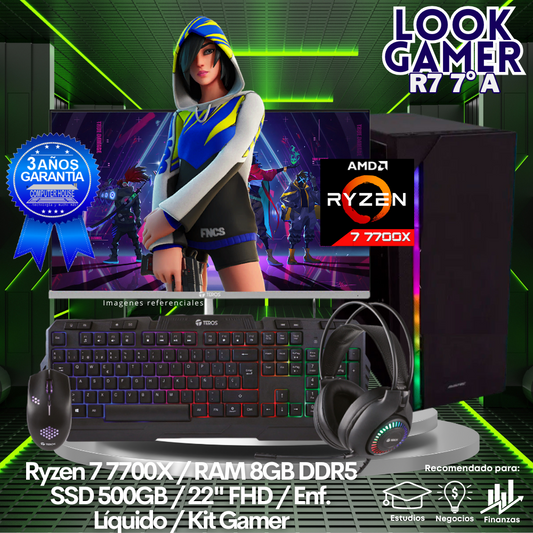 LOOK GAMER Ryzen 7-7700X "A", RAM 8GB DDR5, SSD 500GB, Enfriamiento Líquido, Monitor 22″ FHD, Kit Gamer.