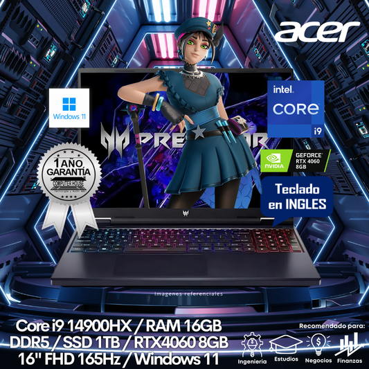 Laptop ACER Predator, Core i9-14900HX, RAM 16GB DDR5, SSD 1TB, Video RTX4060 8GB, 16″ FHD 165Hz, Teclado en Inglés, Windows 11.