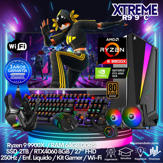 XTREME Ryzen 9-9900X "C", RAM 64GB DDR5, SSD 2TB, Video RTX4060 8GB, Wi-Fi, Enfriamiento Líquido, Monitor 27″ FHD 250Hz, Kit Gamer.