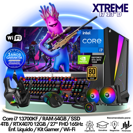 XTREME Core i7-13700KF "D", RAM 64GB, SSD 4TB, Video RTX4070 12GB, Wi-Fi, Enfriamiento Líquido, Monitor 27″ FHD 165Hz, Kit Gamer.