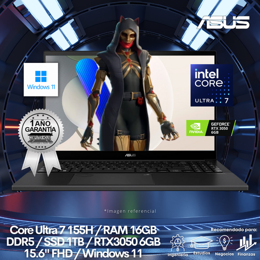 Laptop ASUS VivoBook Pro 15, Core Ultra 7-155H, RAM 16GB DDR5, SSD 1TB, Video RTX3050 6GB, 15.6" FHD, Teclado en Inglés, Windows 11.