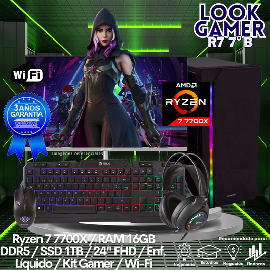 LOOK GAMER Ryzen 7-7700X "B", RAM 16GB DDR5, SSD 1TB, Wi-Fi, Enfriamiento Líquido, Monitor 24″ FHD, Kit Gamer.